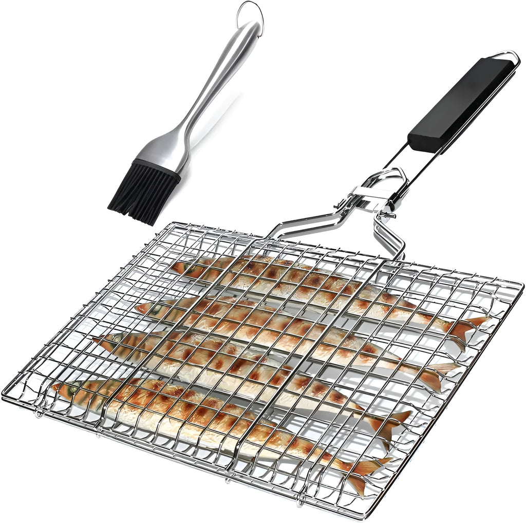 Stainless steel square folding barbecue grill mesh basket with cleaning brush