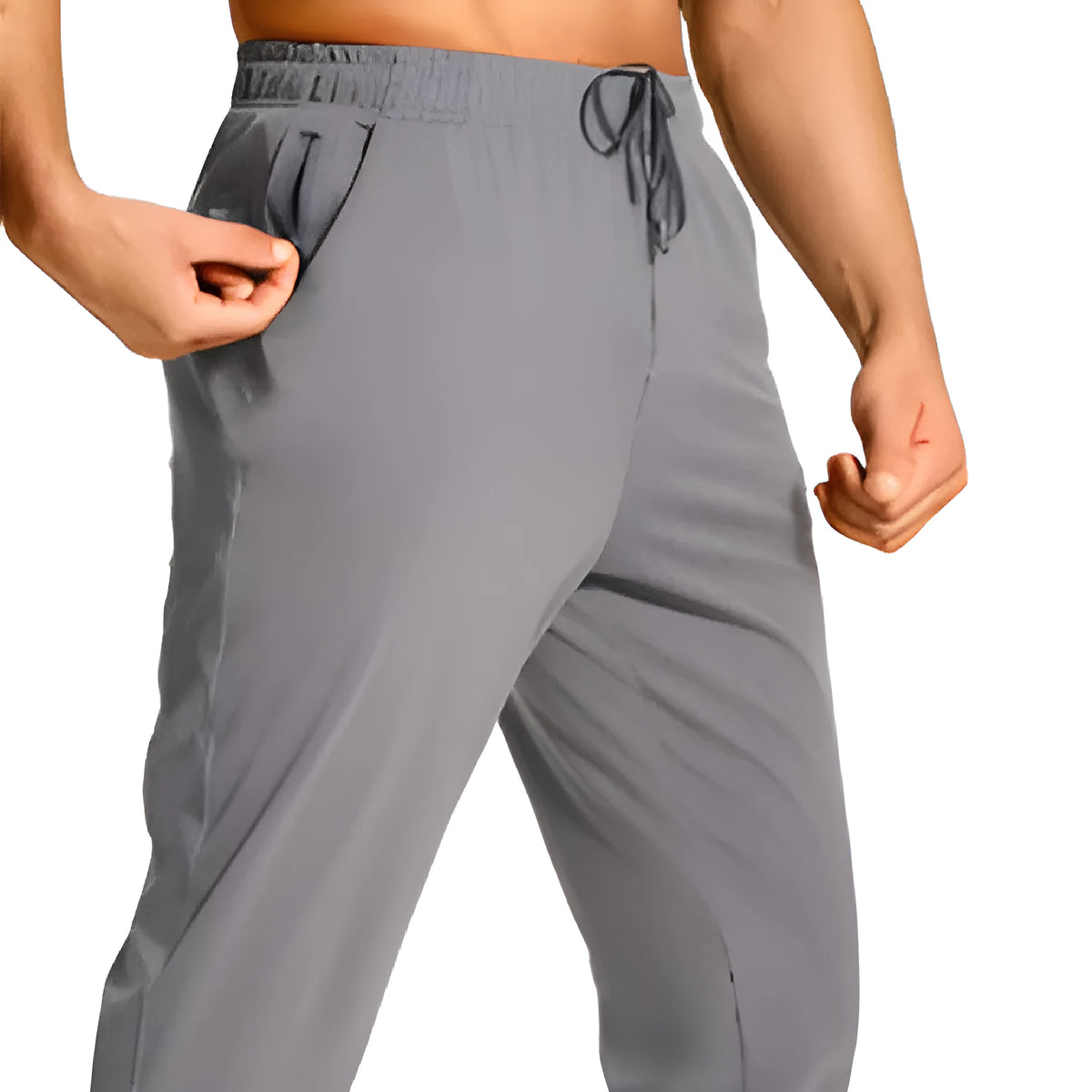 Men's loose fit polyester casual trousers in solid colour with relaxed silhouette