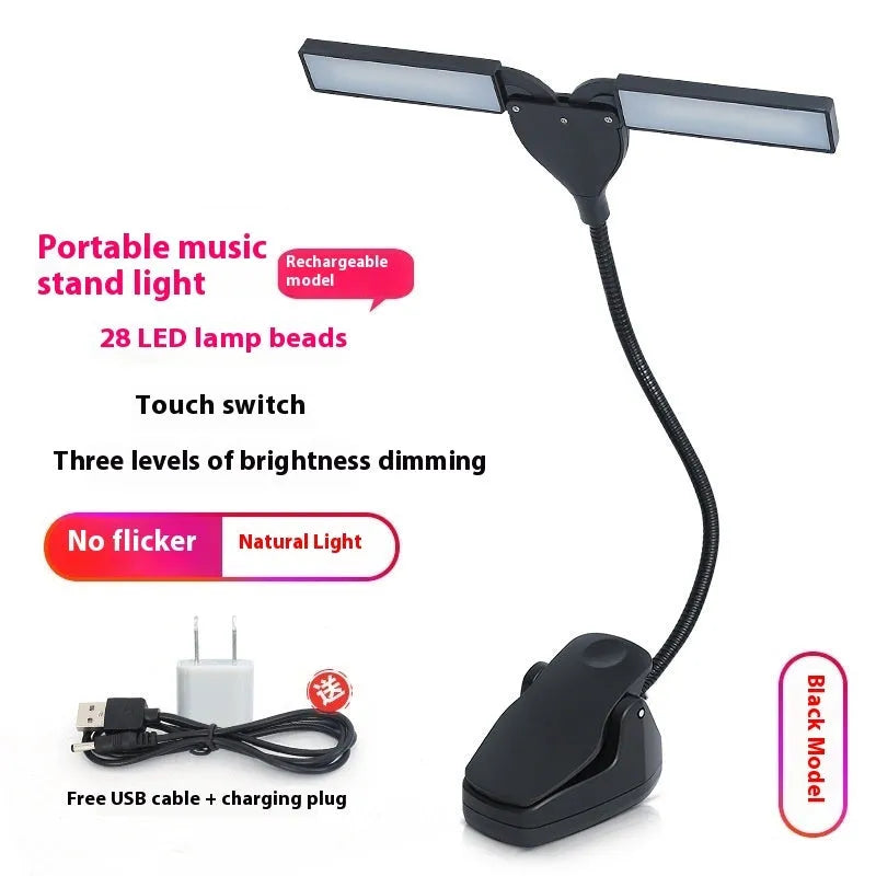 Black rechargeable music stand lamp with 28 LED lights for sheet music illumination