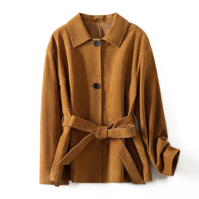 Mid-length yellow brown cashmere coat with leather stitching and Peter Pan collar
