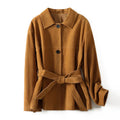 Mid-length yellow brown cashmere coat with leather stitching and Peter Pan collar