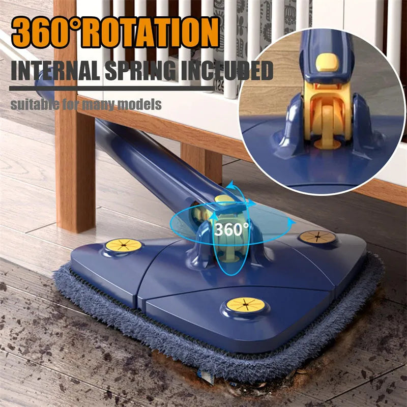 Blue triangle cleaning mop with rotating head and extendable stainless steel pole