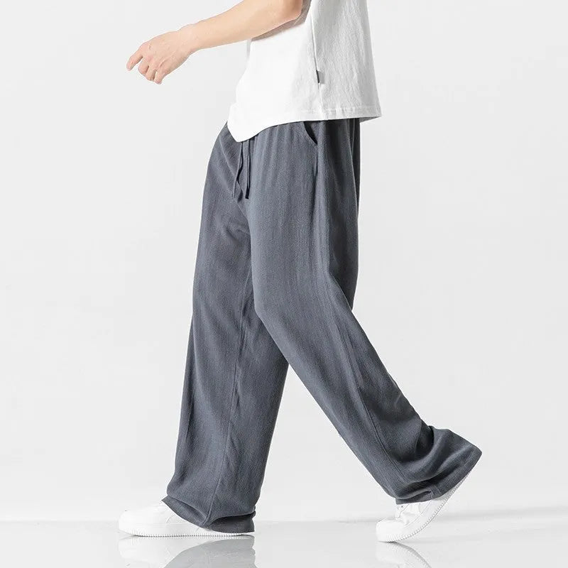 Men's bamboo fibre linen trousers in loose straight-leg cropped cut with drawstring waist