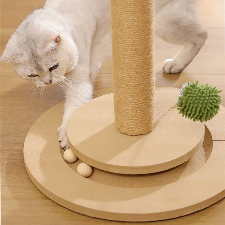 Vertical cat climbing frame with hemp rope scratching posts and natural wood-coloured grab columns