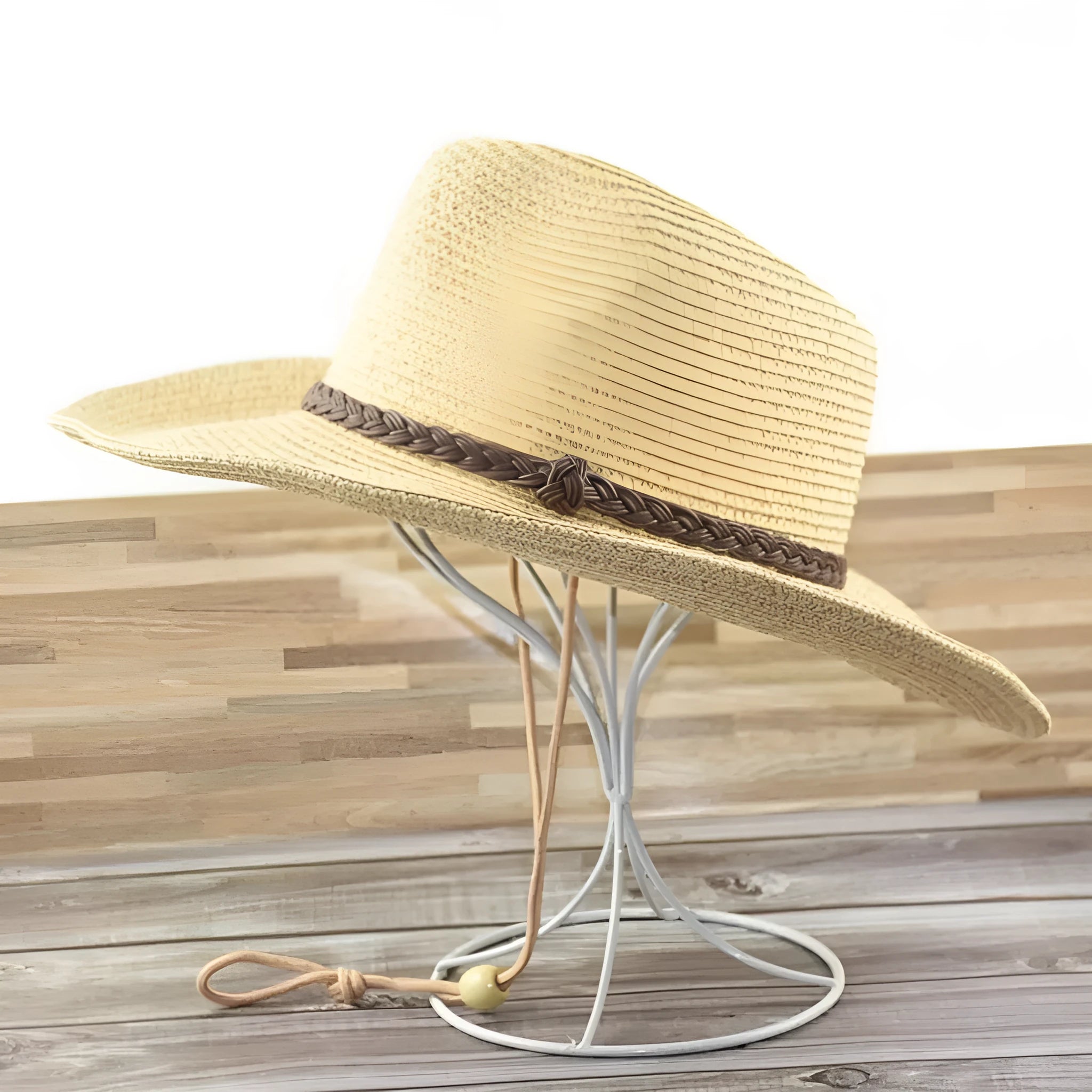 Men's foldable straw sun hat with a wide brim shown in mixed beige colour.