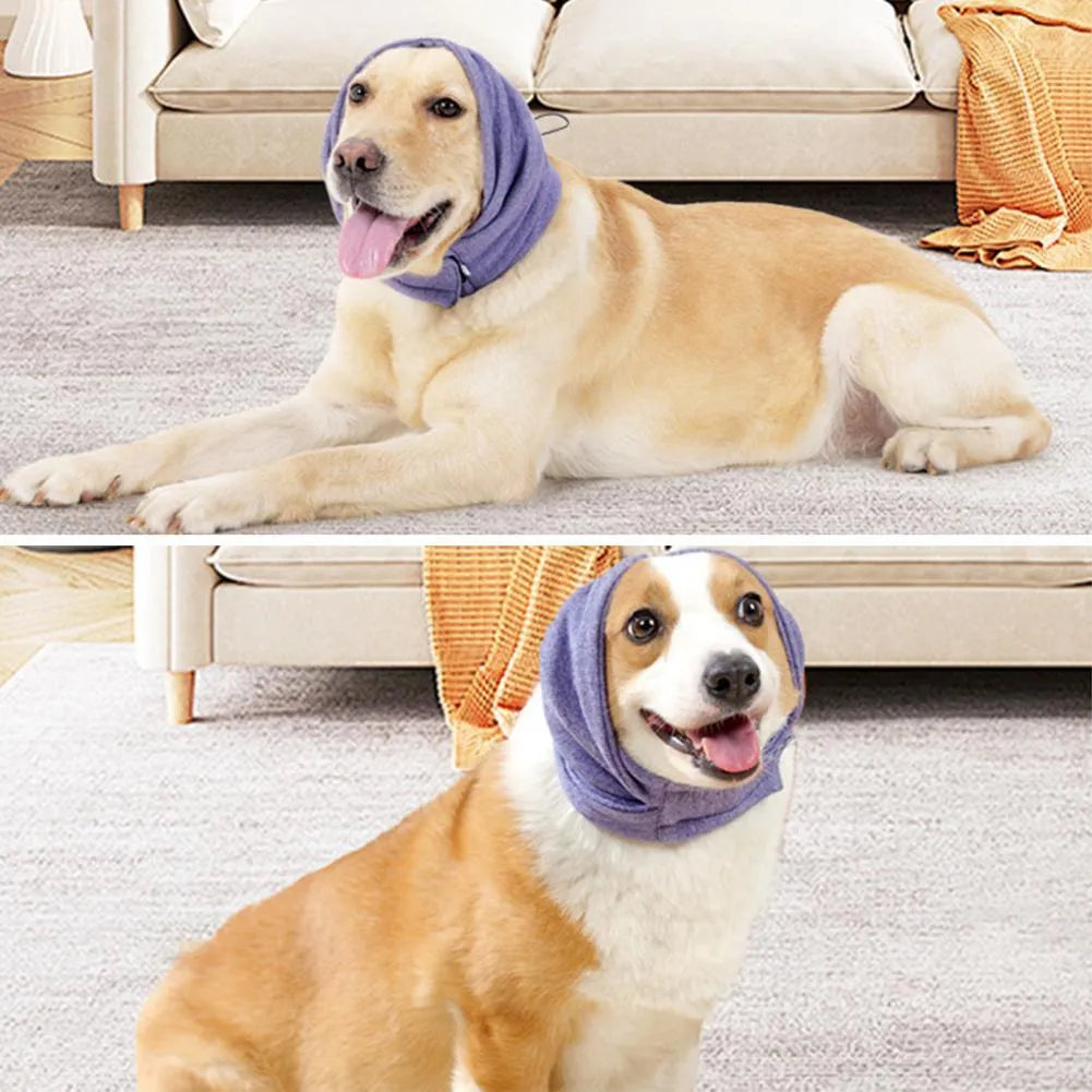 Black dog hoodie head cover with ear muffs for calming and hair control.