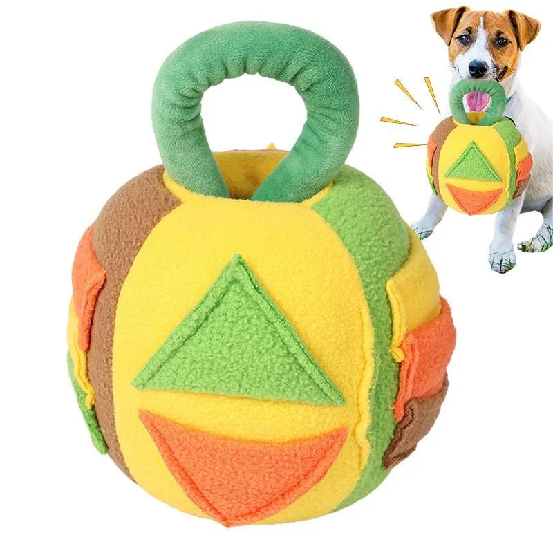 Green or pink polyester plush squeaky ball dog toy with treat pockets, shown next to a dog treat for scale.