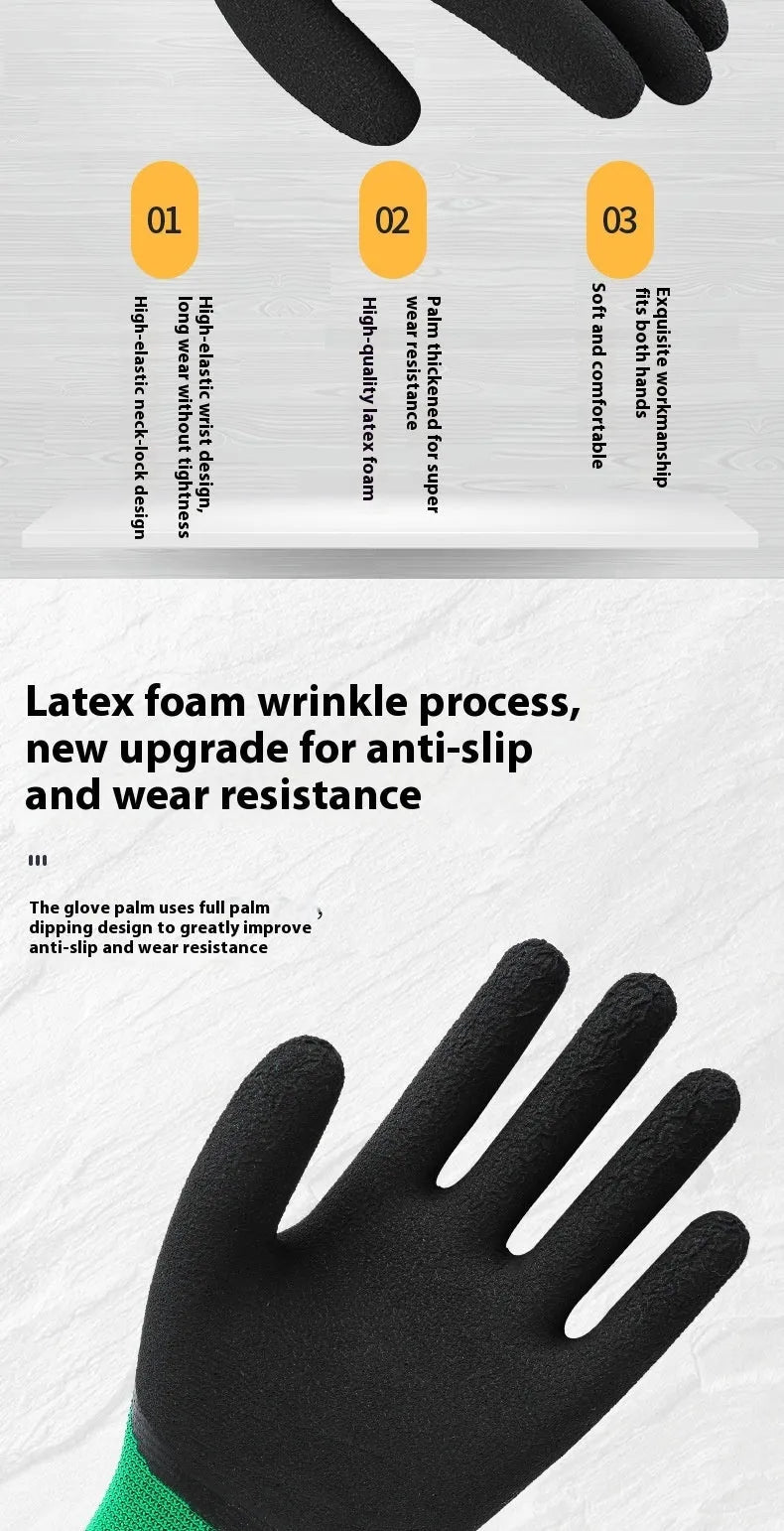 Black and green rubber work gloves with a non-slip textured surface, shown in size M.