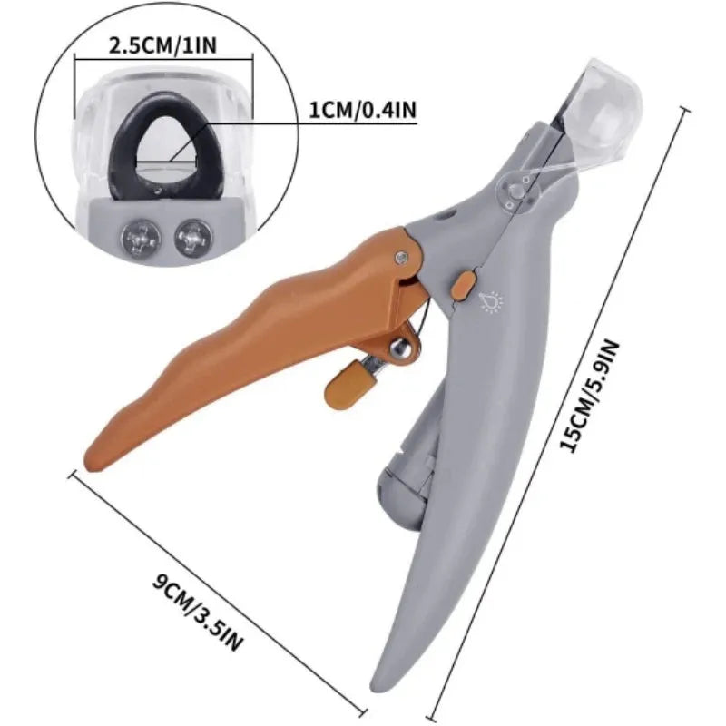 Yellow pet nail clipper with LED light and magnifiable lens for dog and cat grooming