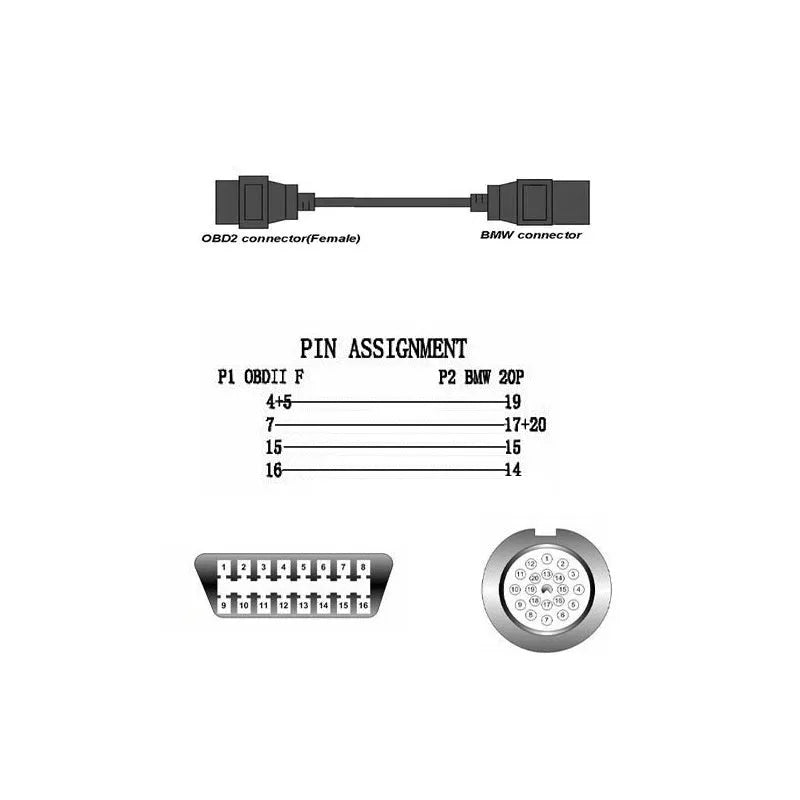 BMW OBD2 diagnostic adapter cable showing 20-pin plug and standard 16-pin female socket
