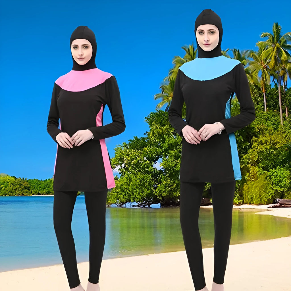Women's long-sleeve hooded swimsuit in black with coloured trim for swimming