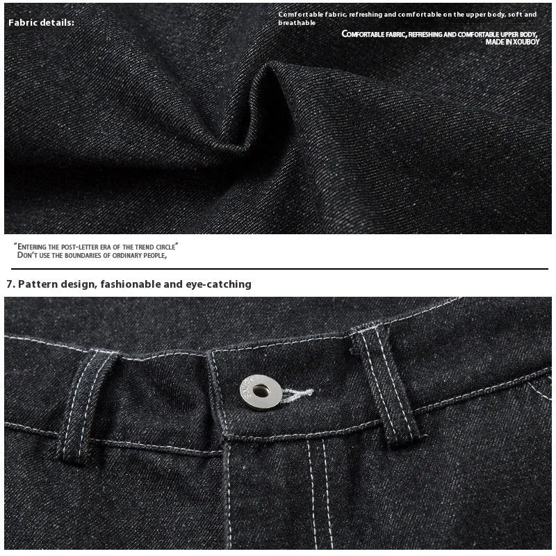 Black multi-pocket pleated workwear jeans in cotton denim with zip fly and mid waist design