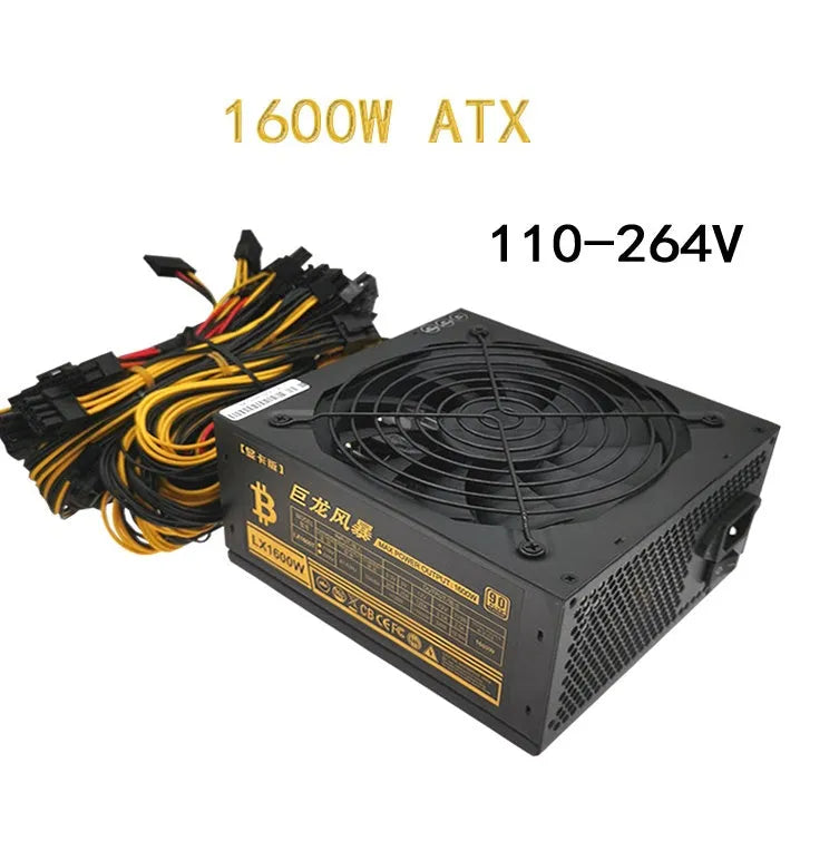 Black ATX server power supply unit with 110V input and multiple 6+2 pin GPU connectors rated up to 2000W