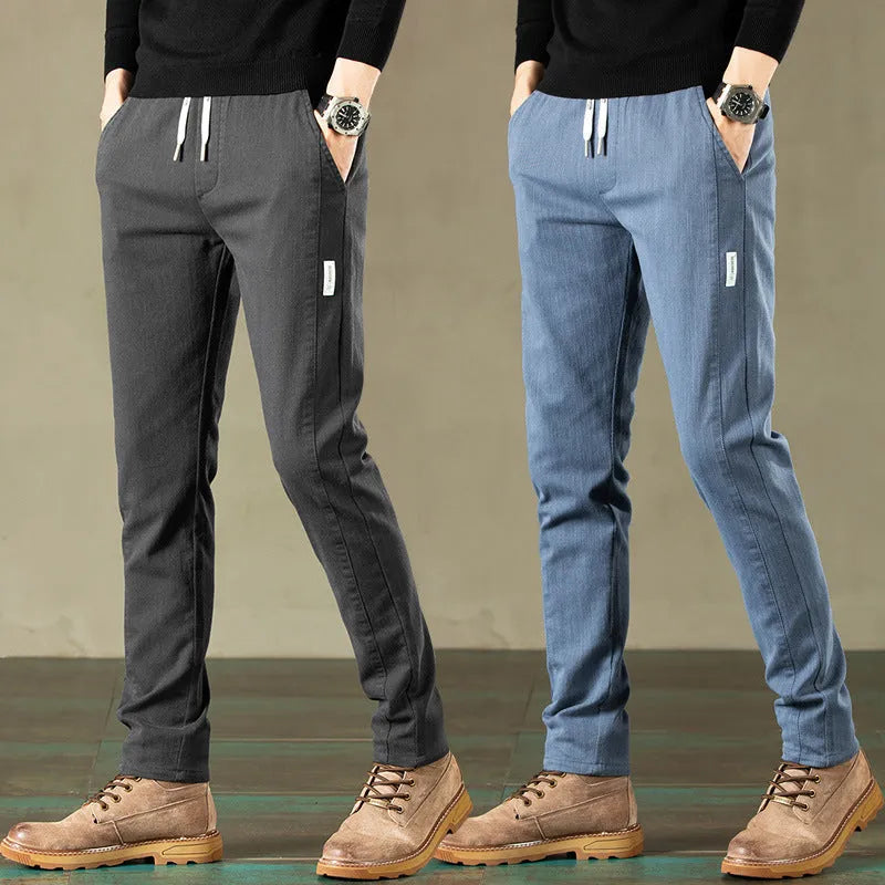 Loose straight cotton casual pants in solid colour with mid waist drawstring, sizes 28-38