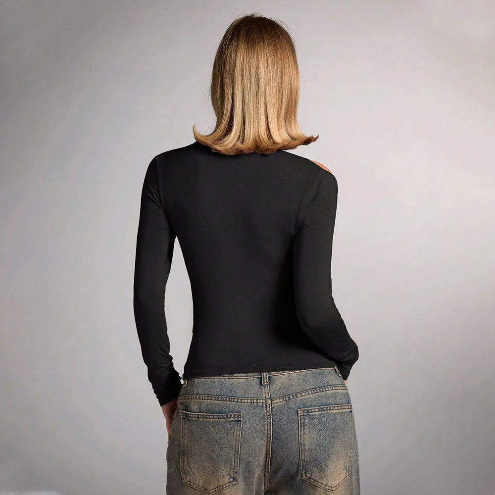 Black women's halter top with shoulder-baring design and slim fit silhouette in polyester fabric