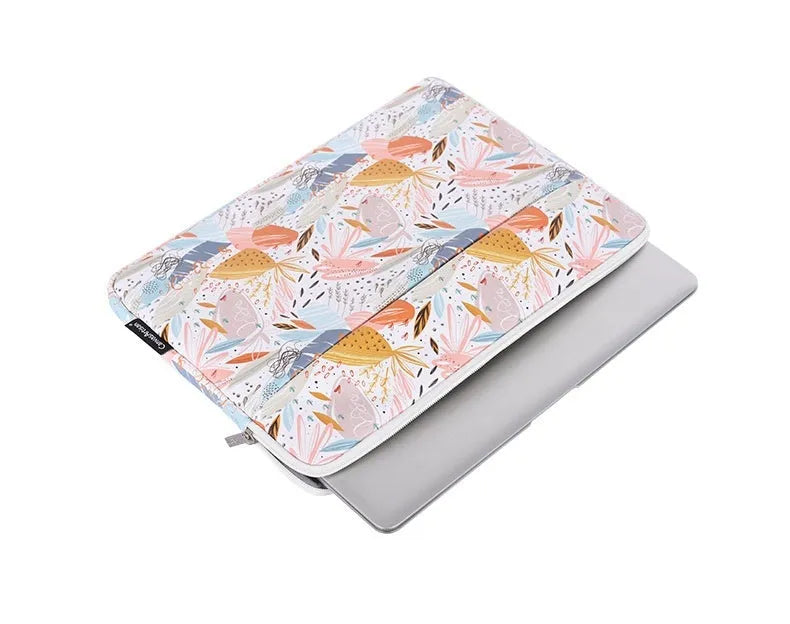 White waterproof PU leather laptop inner sleeve for 14 inch computers, shown with size options.