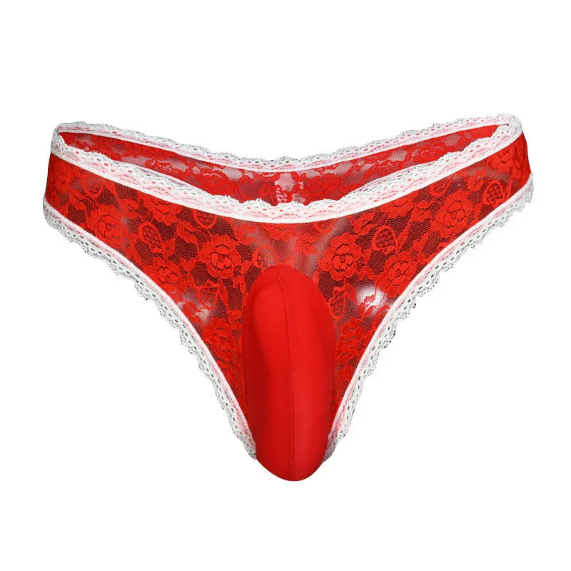 Men's lace underwear briefs with vertical bag egg design and penis cover in triangle cut