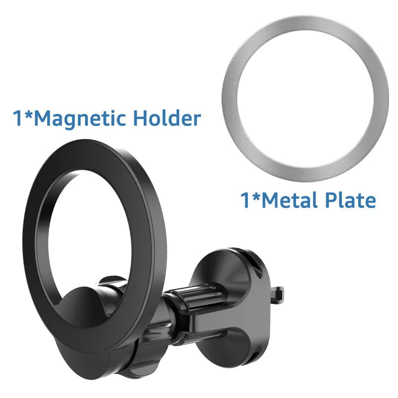 Black magnetic car phone holder mounted on vehicle air vent with O-ring design