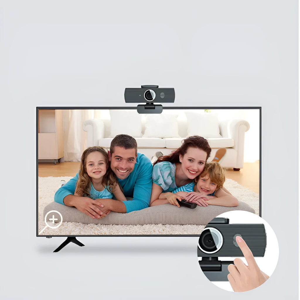 Black USB webcam with magnetic privacy cover on a laptop, showing 4K resolution and 60FPS specifications.