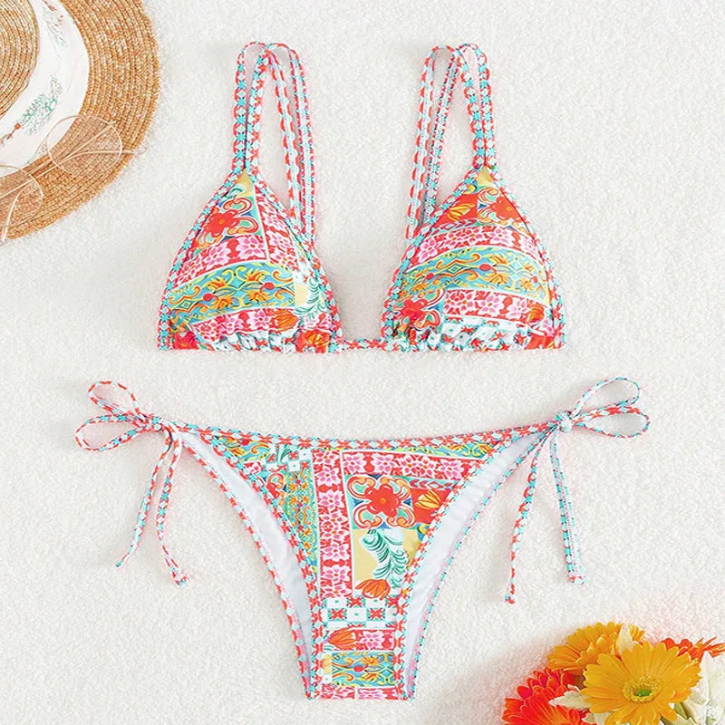 Women's lace-up split swimsuit with backless design in picture colour