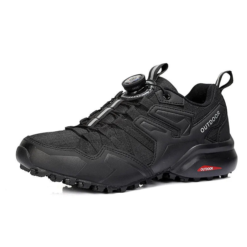 Men's beige off-road hiking shoe with an elastic band closure and rubber sole.