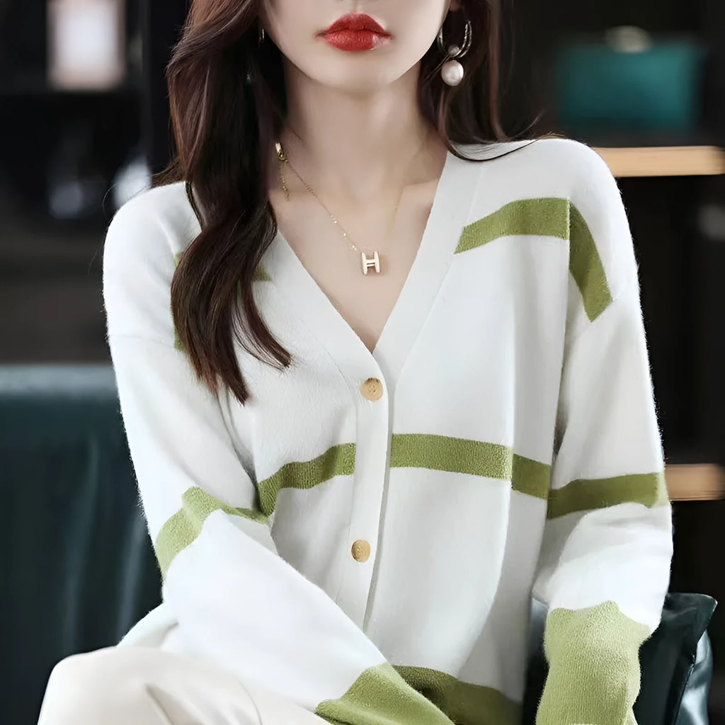Women's striped V-neck knitted cardigan in composite fabric with slim fit