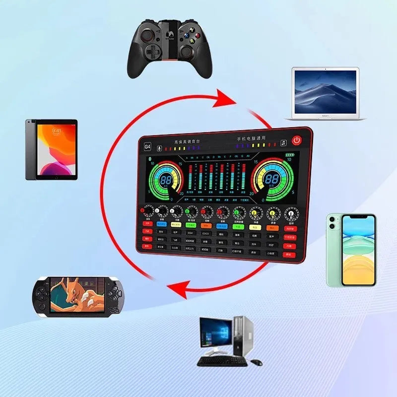 G4 professional sound card mixer with LCD display, 10 tuning knobs, and Q8 condenser microphone for live streaming setup.