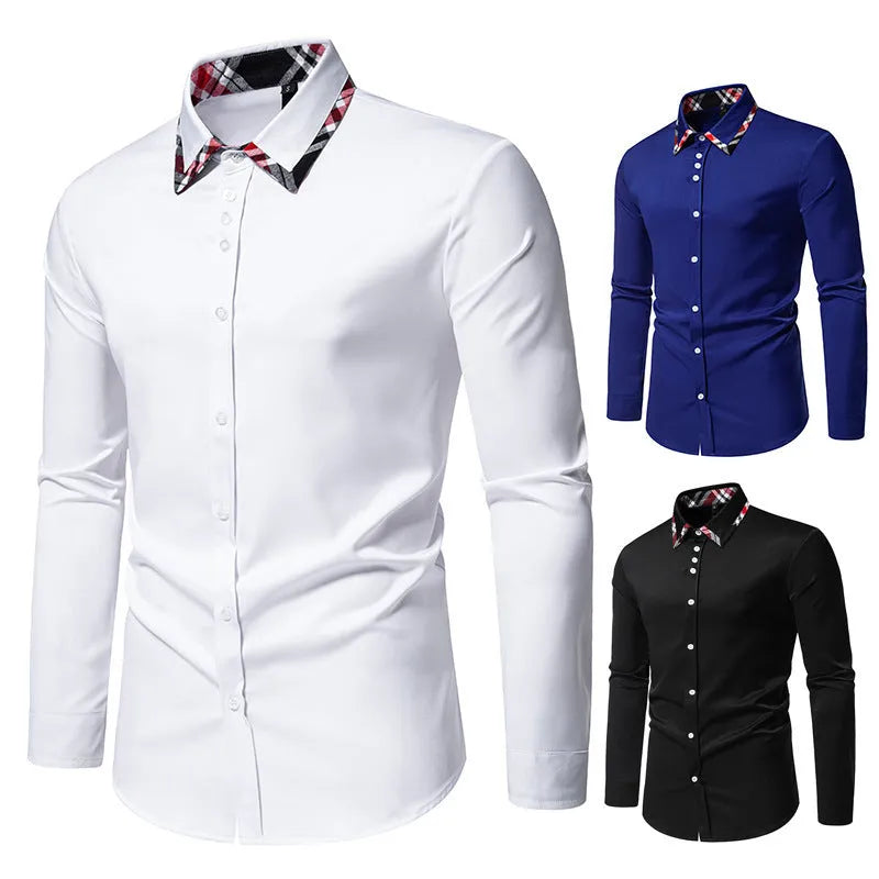 Men's plaid long sleeve shirt with contrast colour triangle collar in polyester blend fabric