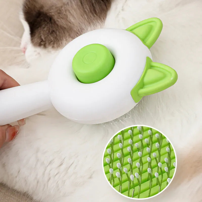 Self-cleaning cat grooming brush with stainless steel teeth in greenish white or orange white colour