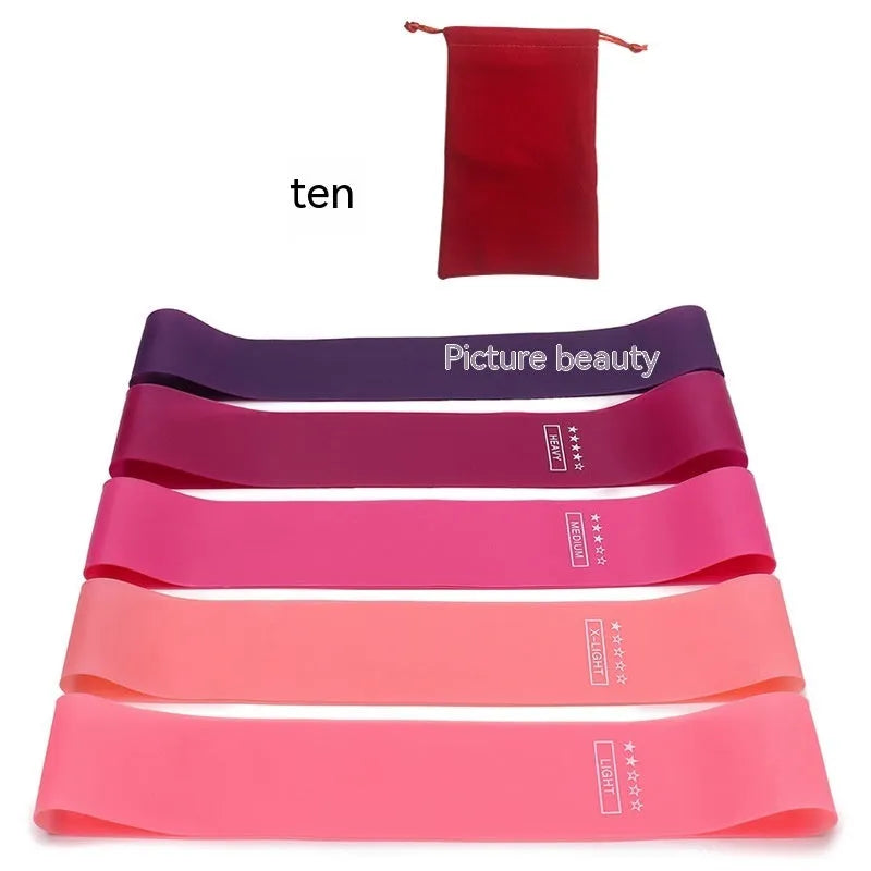 Set of five colour-coded yoga resistance straps with force marks and five plain TPE straps.