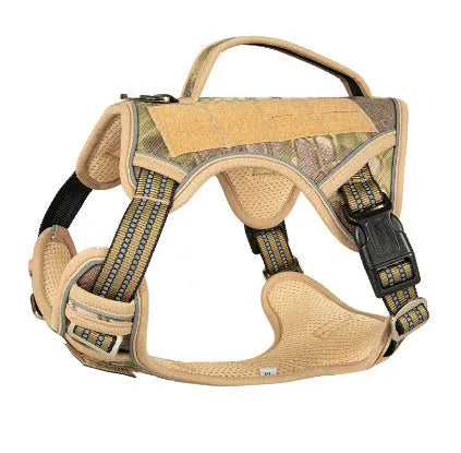 Oxford cloth tactical dog chest harness in camouflage colour for search and rescue working dogs.