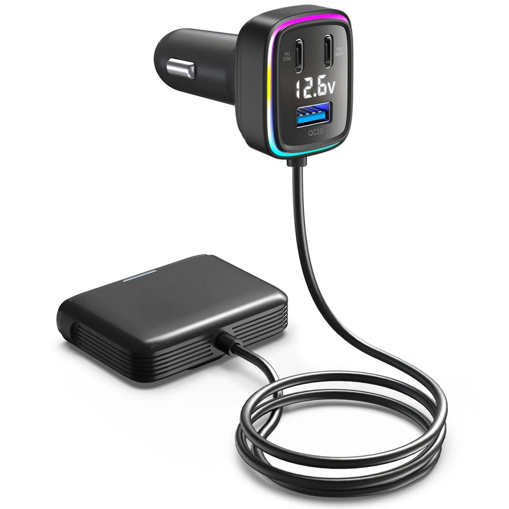 GE01 car charger with 115W output, 12-24V input, ABS PC body, 4.1x3.45x7.4cm size