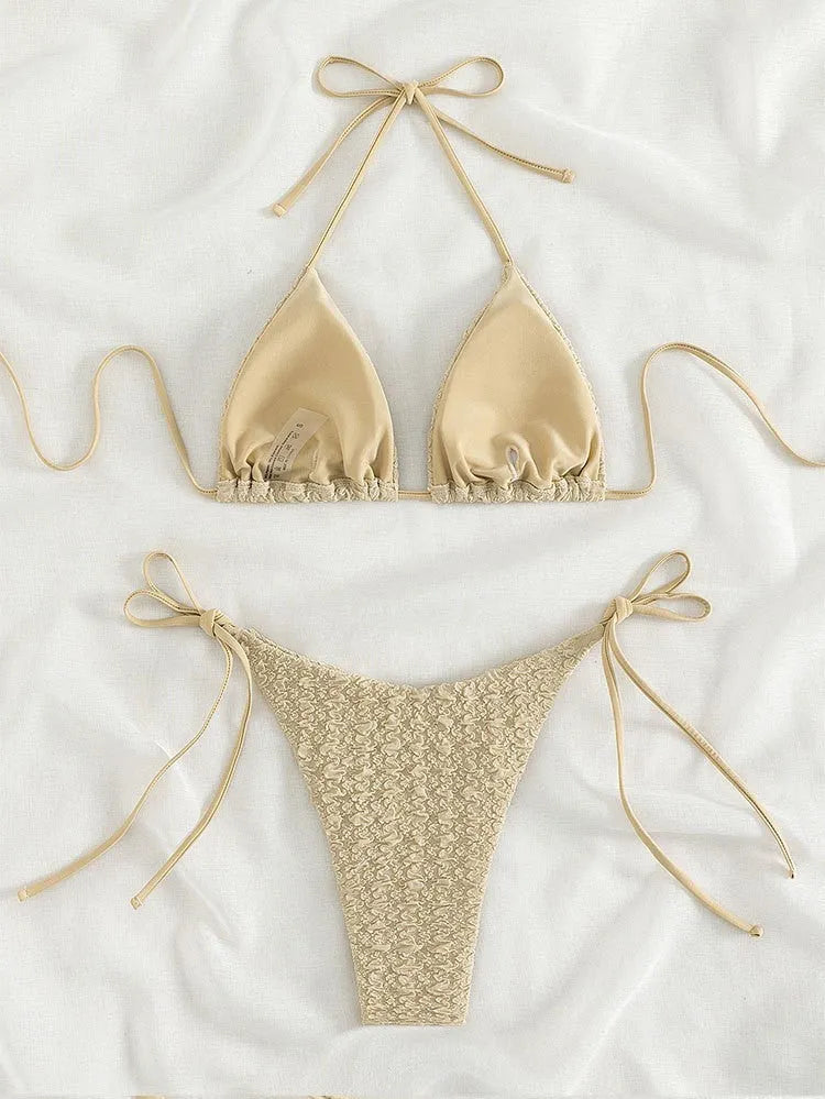 Women's high waist bikini with lace-up sides in khaki colour, showing top and shorts.