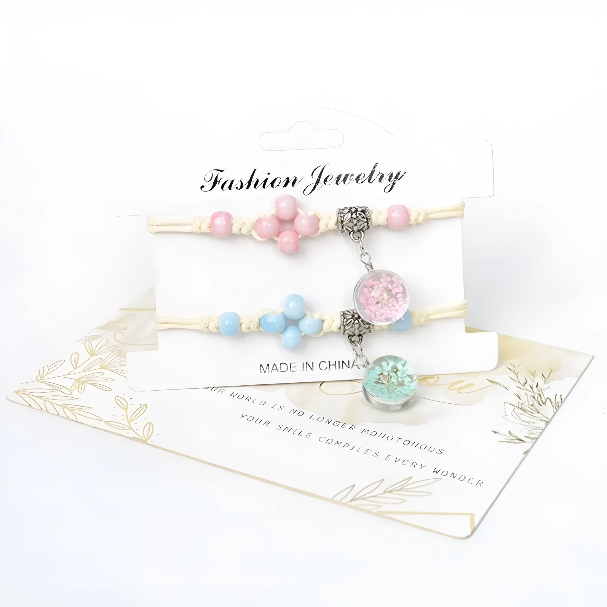 Women's hand-woven glass bracelet with large 1.4cm beads containing dried flowers, shown in blue colour option