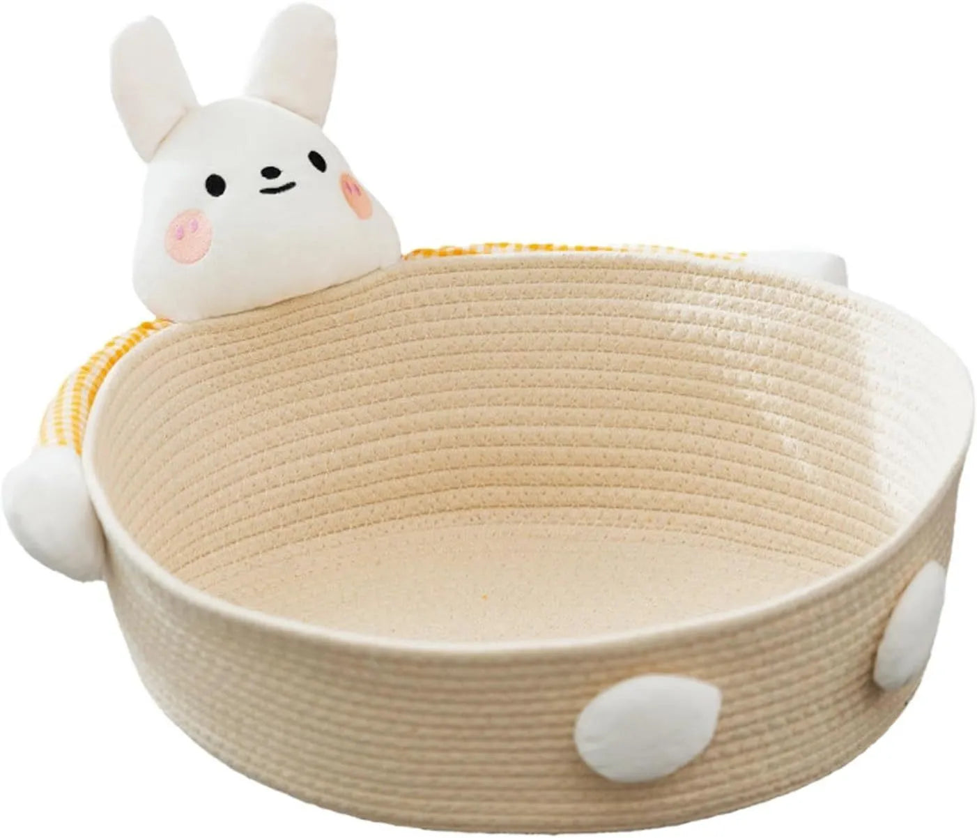 Woven cotton rope cat bed with integrated scratching board in bear design