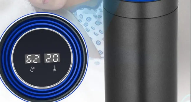 Aluminium alloy car air purifier cup with display, USB cable, and large filter for vehicle air cleaning.