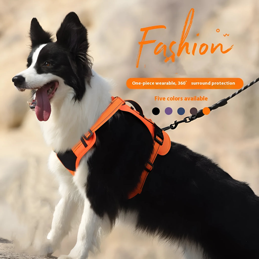 Orange explosion-proof dog harness vest with black reflective strips and an integrated black hand-holding rope.