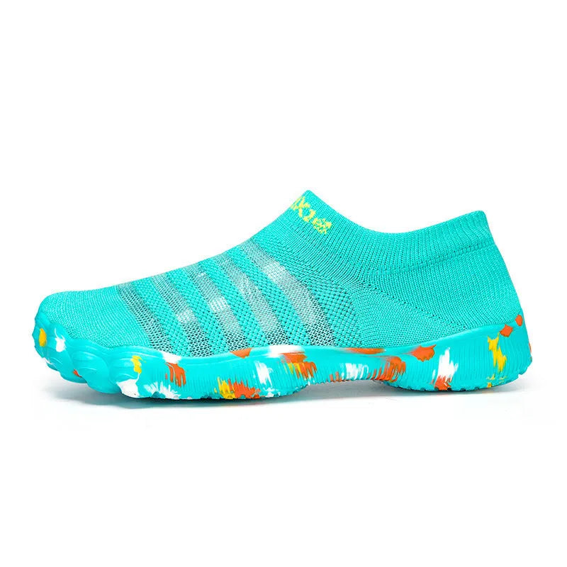 Women's camouflage flyknit water shoes with front laces and a flat rubber sole