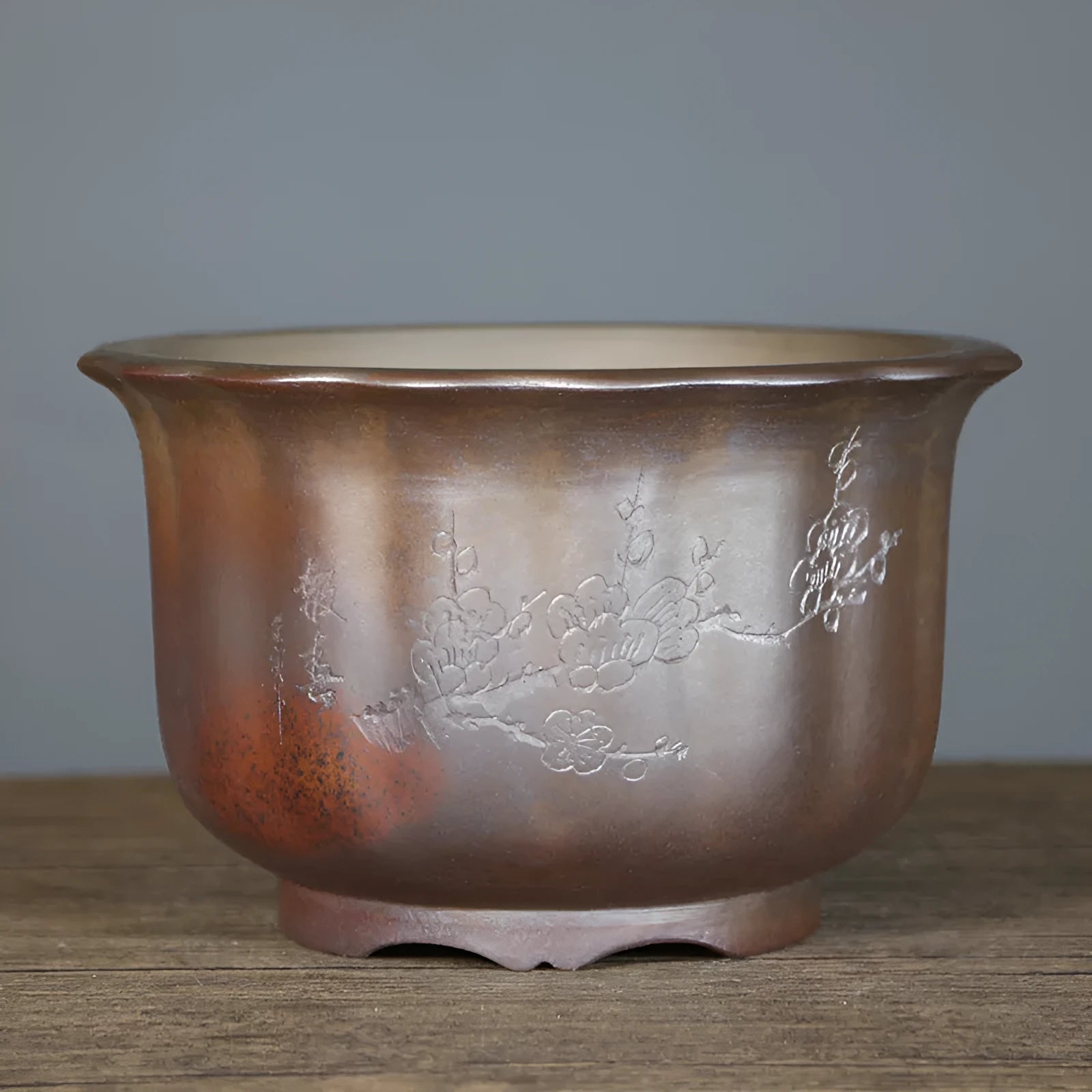 Indoor antique carved wood burning ceramic flowerpot with purple sand material for bonsai display