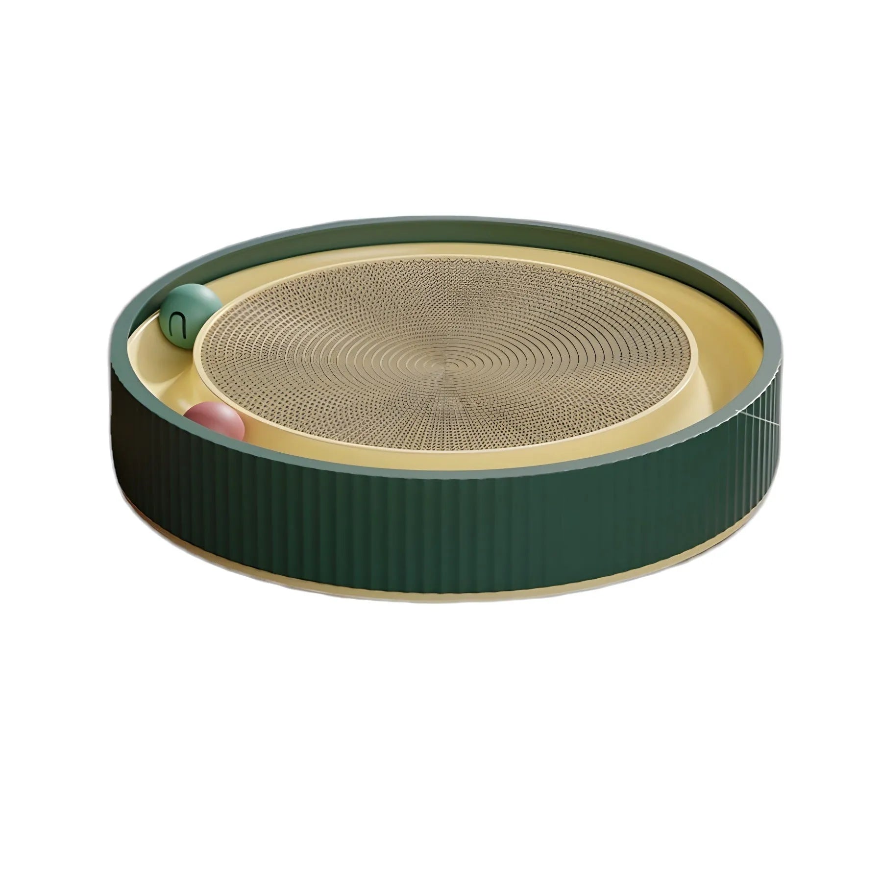 Large green cat scratching board with moving ball toys and a refillable cardboard core.