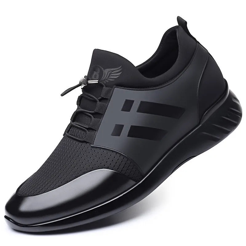 Men's black height increasing shoes with internal 8cm lift in leather, Lycra or mesh upper options