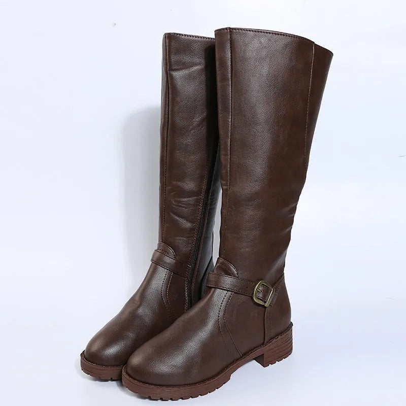 Yellow women's high knight boots with a square heel, round toe, and side buckle detail.