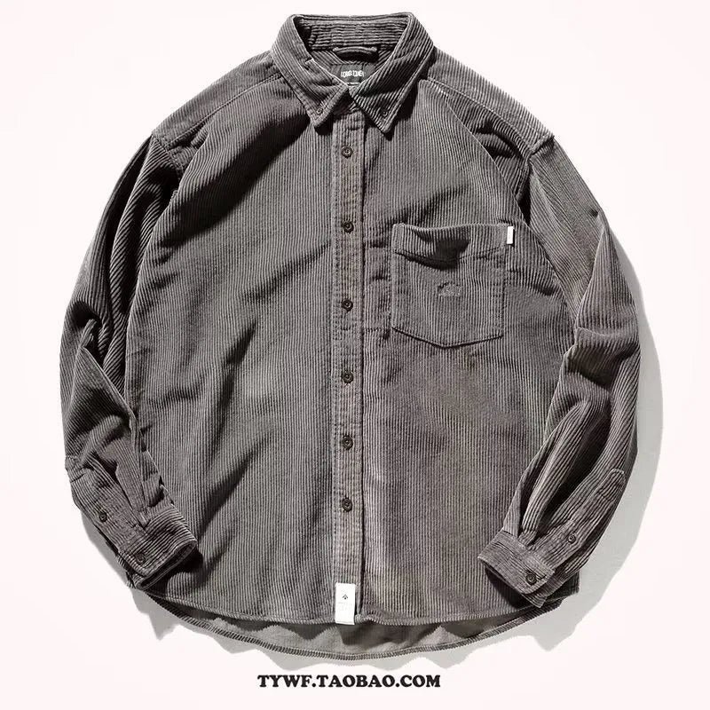Loose fit caramel corduroy shirt with long sleeves and cardigan styling