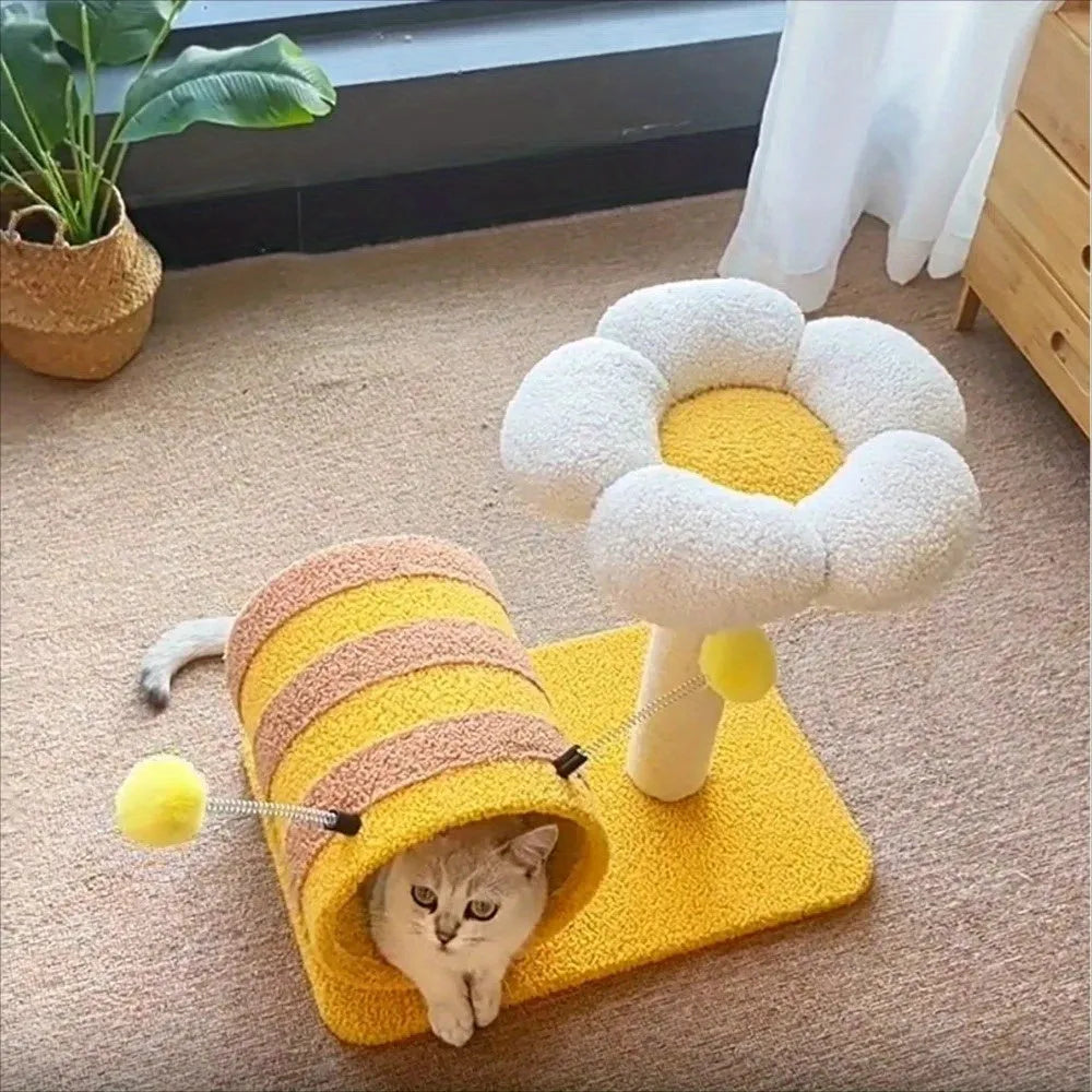 Yellow bee cat climbing frame with sisal scratching board and tunnel measuring 46x36x25cm