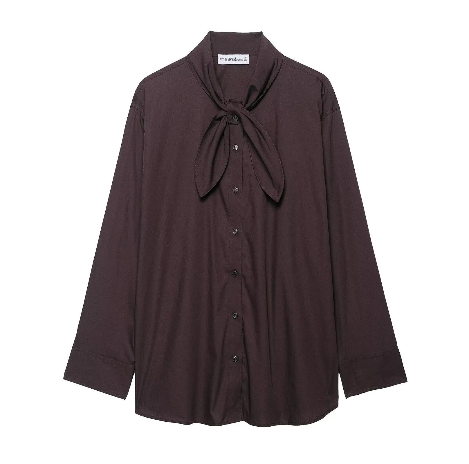 Brown women's long sleeve polyester poplin shirt with bow tie scarf detail, loose fit cardigan style