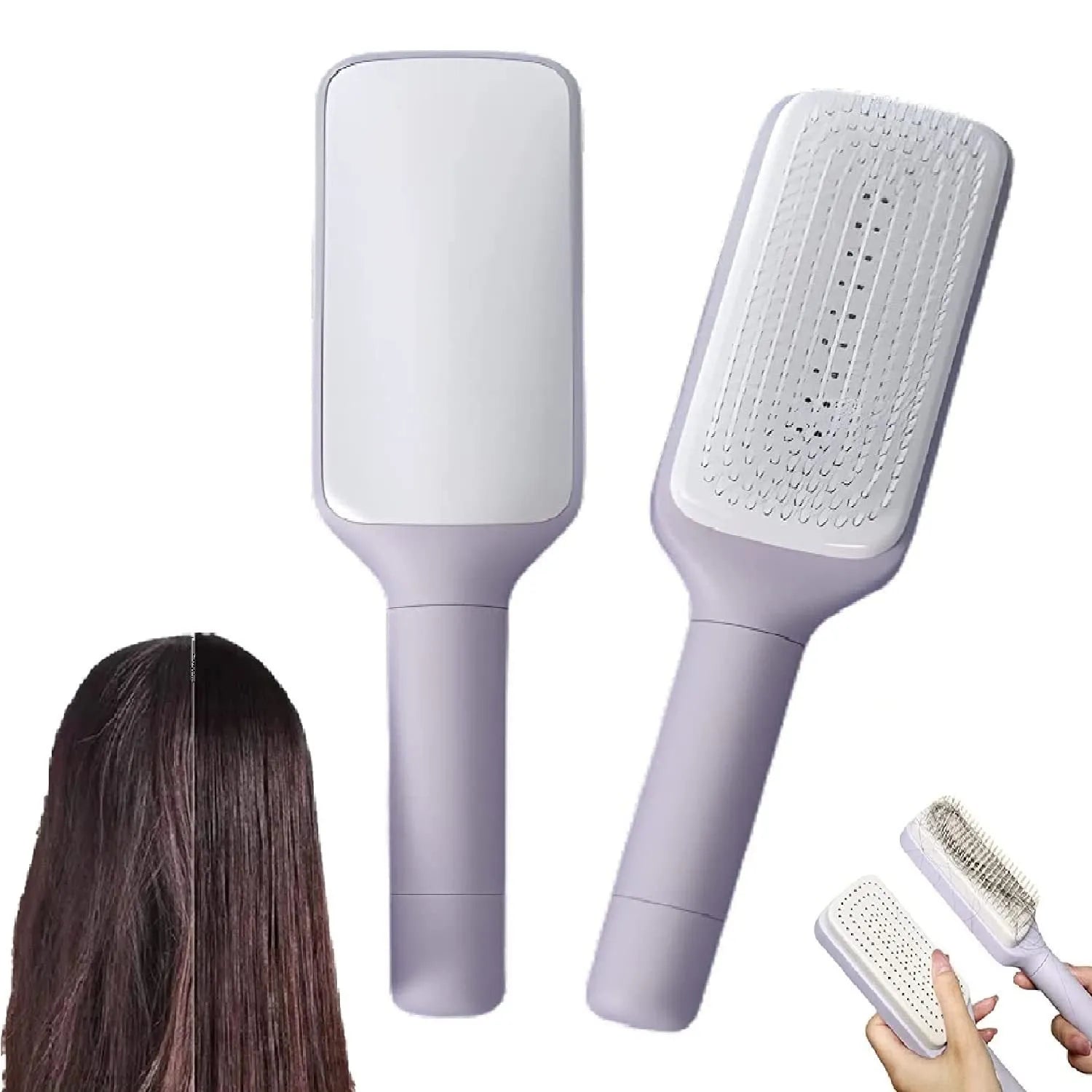 Roland purple self-cleaning hair brush with anti-static massage comb showing telescopic cleaning mechanism