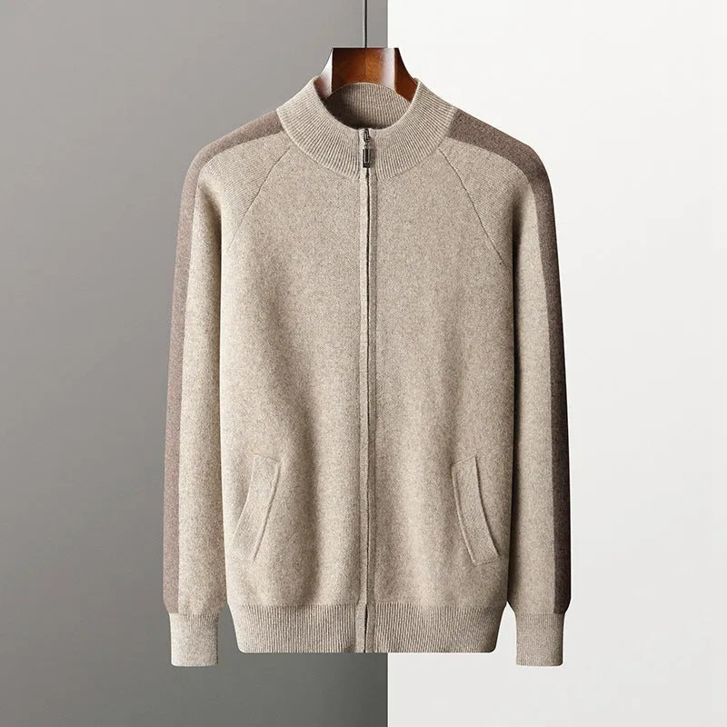 Men's camel coloured cashmere blend knitted cardigan suit with half turtleneck zipper and matching trousers