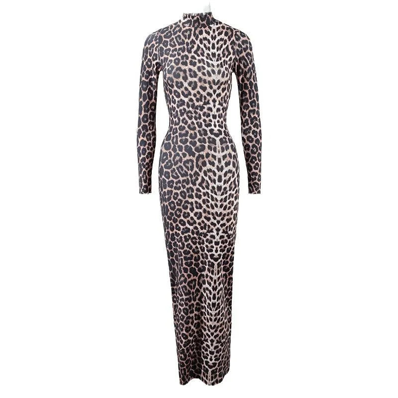 Leopard print long sleeve dress with stand collar and high waist hip skirt
