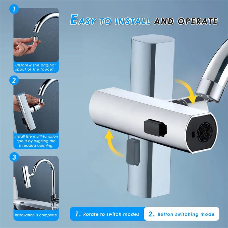 Kitchen faucet waterfall outlet connector with 360-degree swivel, ABS and copper body, Black or Silver finish.