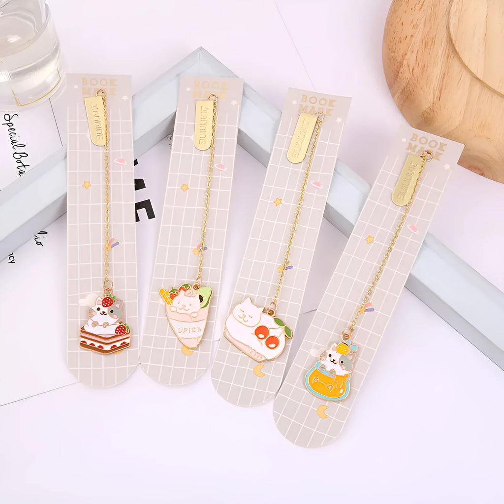 Jane Lime Foodie cat metal bookmark with cartoon pendant in one of four cat-themed designs